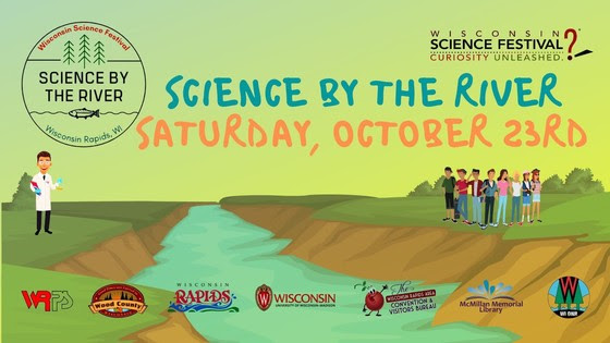 Science By The River event logo featuring an illustration of a green landscape, river, a science educator and group of high school students.