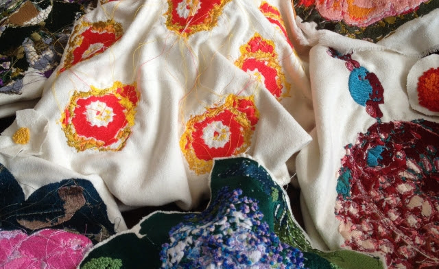 Force (detail), Hand and digital embroidery on raw silk, 40" x 24" x 5", 2014