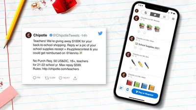 Chipotle will support teachers by giving away up to $100K in supplies for back to school. By sharing their school supplies receipt on Twitter using #SuppliesContest, teachers have the opportunity to get reimbursed.