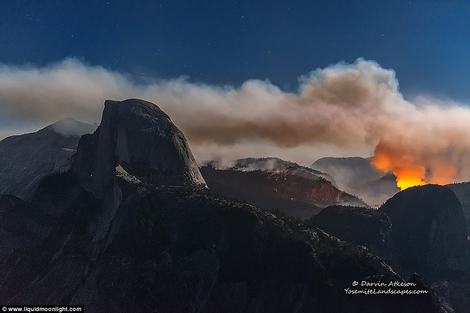 Clouds of smoke billow across the skies. Yosemite National Park has been hit by a fire which has destroyed 4,500 acres of the park