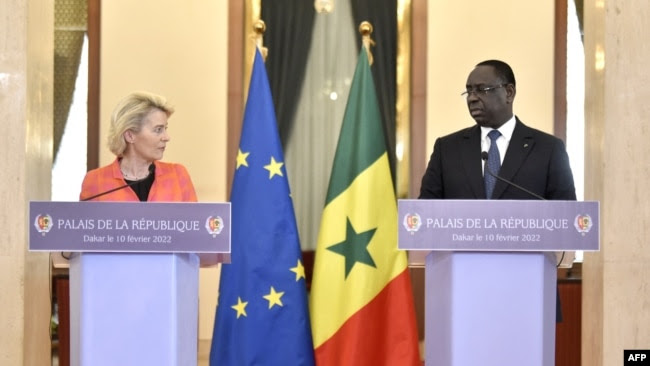 European Union President Ursula von der Leyen addresses a press conference in Dakar on Feb. 10, 2022 with Senegal President Macky Sall.