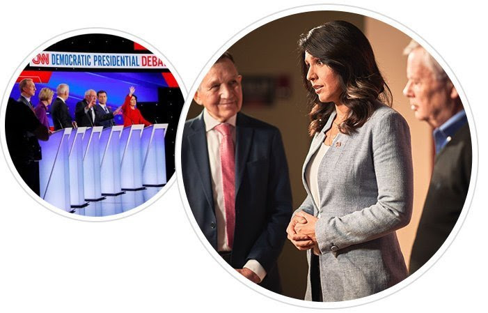 Image of Tulsi on stage in Concord, NH, and the presidential debate stage.