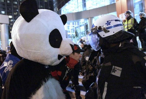 A person wearing a panda suit faces down a cop in riot gear