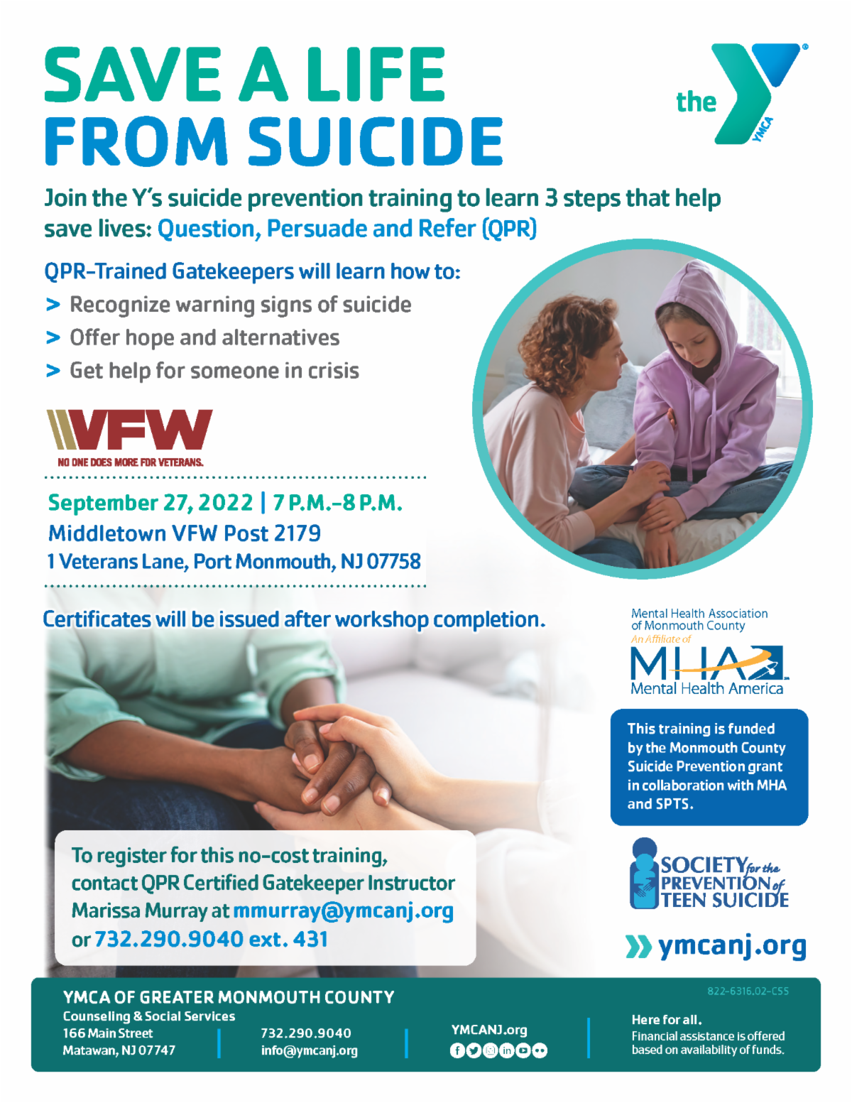 Community YMCA Training Flyer on Suicide Prevention.