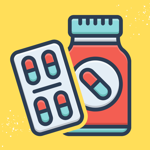 A pill bottle on yellow background