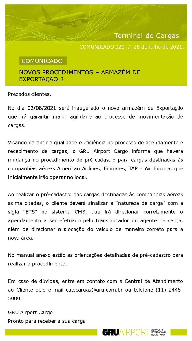 comunicado GRU AIRPORT - Novos Procedimentos - Arm