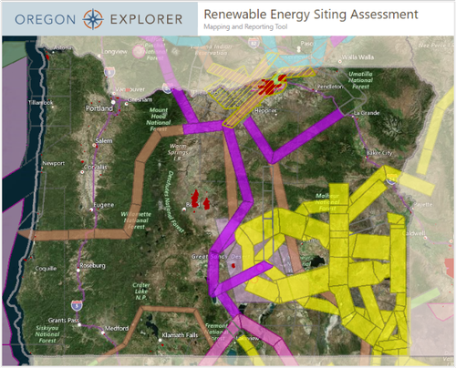 Snapshot of ORESA tool, showing a map of Oregon with orange, yellow, and purple lines that show where military needs might overlap with energy development.