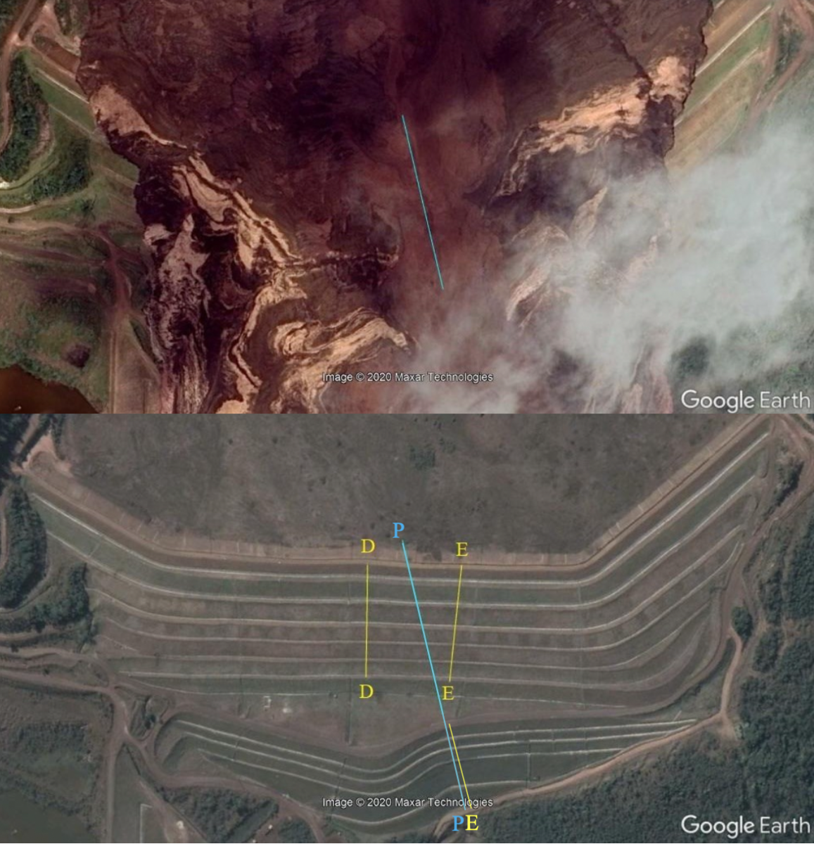 Laudo da PF mostra localização do fundo da Vale sob a Barragem I, antes e depois do rompimento