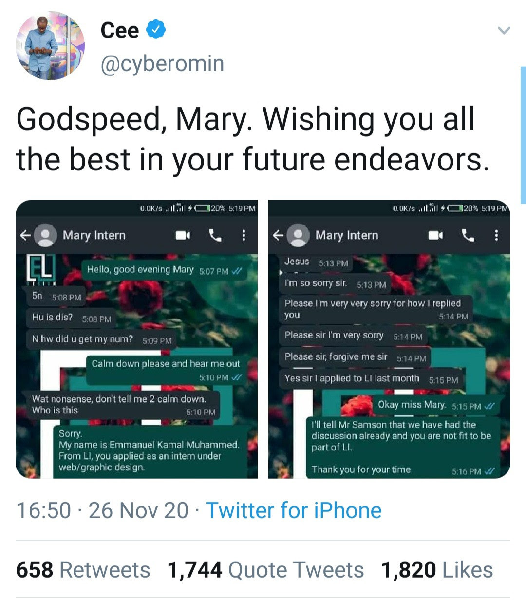 Argument ensues as HR disqualifies a job applicant because of her response to his WhatsApp message