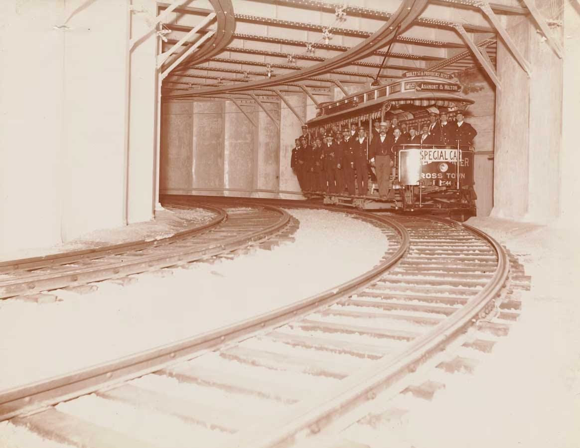 Trolley car operating on underground track. Trolley car operating on underground track.