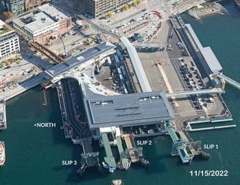 Aerial view of Colman Dock in Seattle with Slip 1, 2 and 3 identified