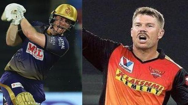  Kolkata Knight Riders captain Eoin Morgan and Sunrisers Hyderabad skipper David Warner. 