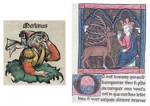 Trái: Hình ảnh minh họa từ cuốn Biên niên sử Nuremberg, năm 1493. (Nguồn: Michel Wolgemut, Wilhelm Pleydenwurff/Wikimedia Commons) Phải: Pháp sư Merlin, theo minh họa trong bản thảo Suite Vulgate năm 1286. (Nguồn: Wikimedia Commons)
