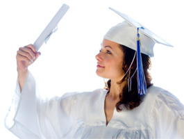 A female student wearing a white graduation cap and gown.