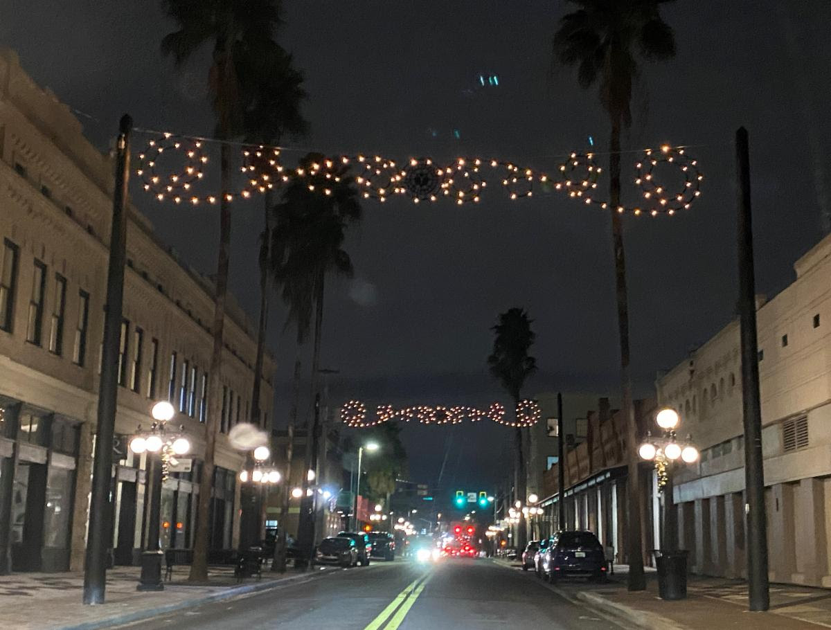 Iconic Historic 7th Avenue archway lights at night