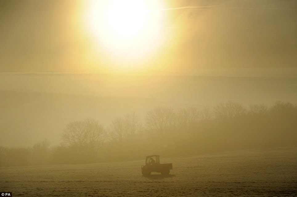 Dashing through the fog: A driver crossing a field near Wells in Somerset in the early hours of the morning