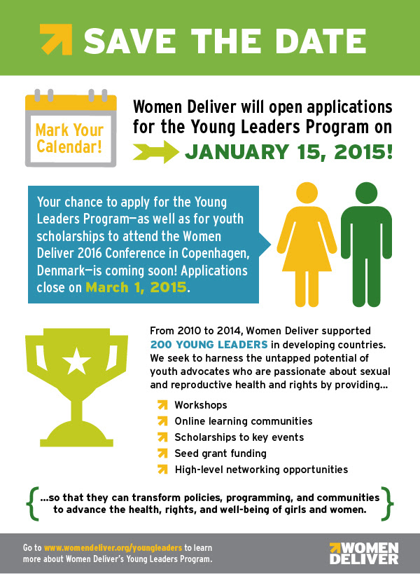 Save the Date – Women Deliver Application for Young Leaders Program & Youth Scholarships for 2016 Conference