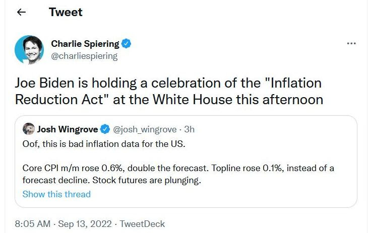 May be a Twitter screenshot of 1 person and text that says 'Tweet Charlie Spiering @charliespiering Joe Biden is holding a celebration of the "Inflation Reduction Act" at the White House this afternoon Josh Wingrove h_wingrove S 3h Oof, this is bad inflation data for the US. Core CPI m/m rose 0.6%, double the forecast. Topline rose 0.1%, instead of a forecast decline. Stock futures are plunging. Show this thread 8:05 AM Sep 13, 2022 TweetDeck'