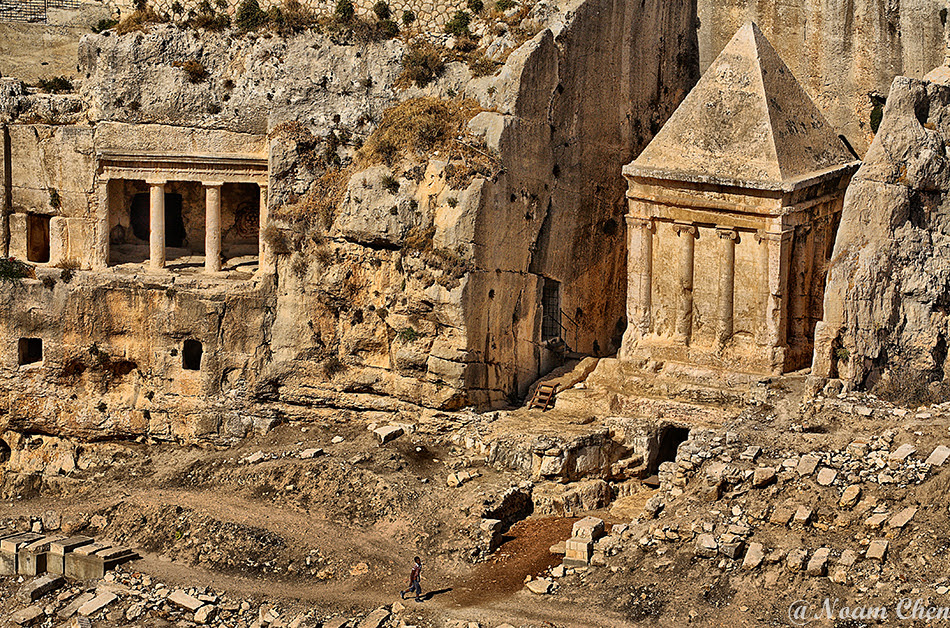 ancient tombs carved in rock at kidron valley in jerusalem