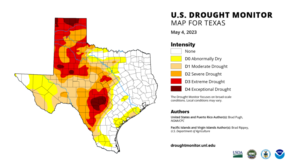 U.S. Drought Monitor map of Texas shows the various levels of drought throughout the state. 