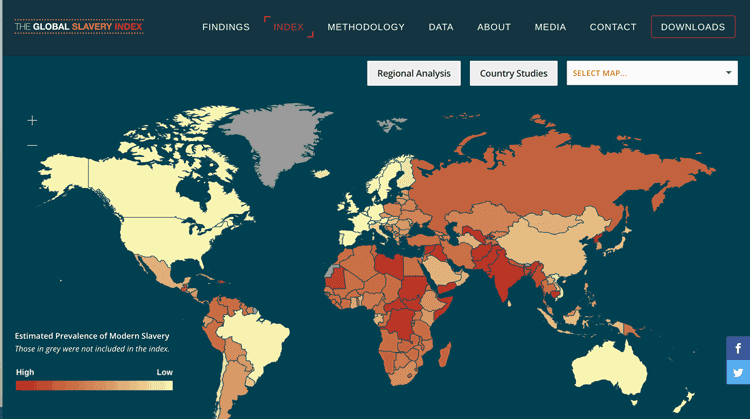 Interactive map of human slavery data from the Global slavery index.