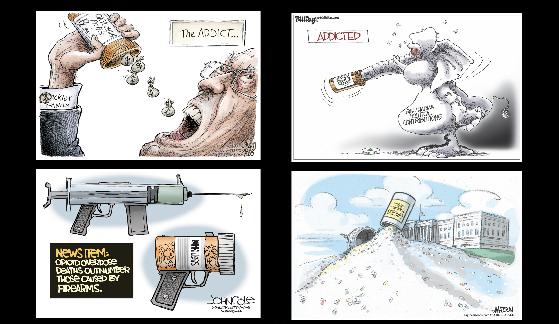 Political cartoons about the opioid crisis, Purdue Pharma and the Sakcler family.