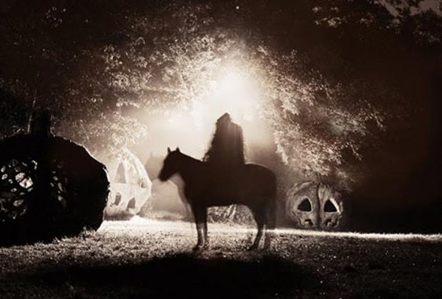 Shadowy Headless Horesman tries to evade view on the drive-thru Halloween attraction Horseman's Trail
