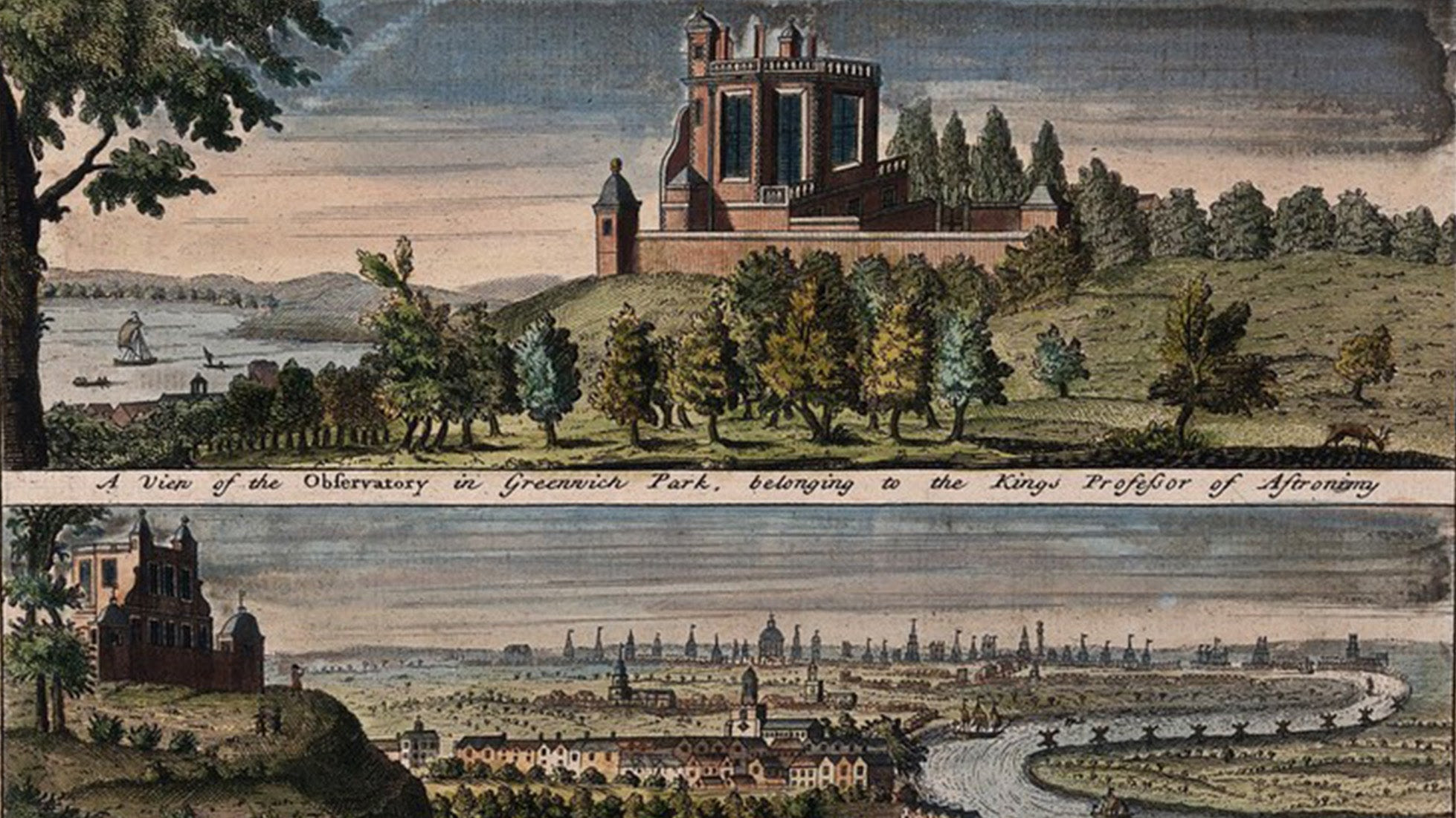 A colored engraving of the Royal Observatory, Greenwich