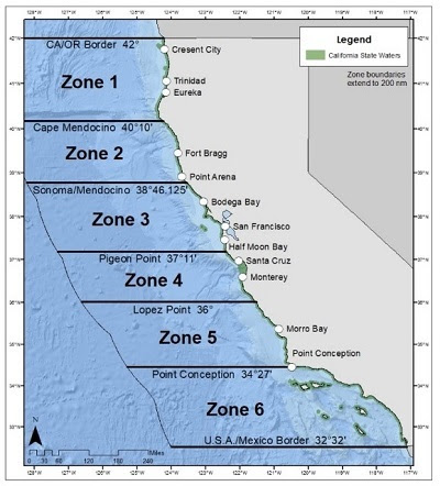 Map of California marine fishing zones.