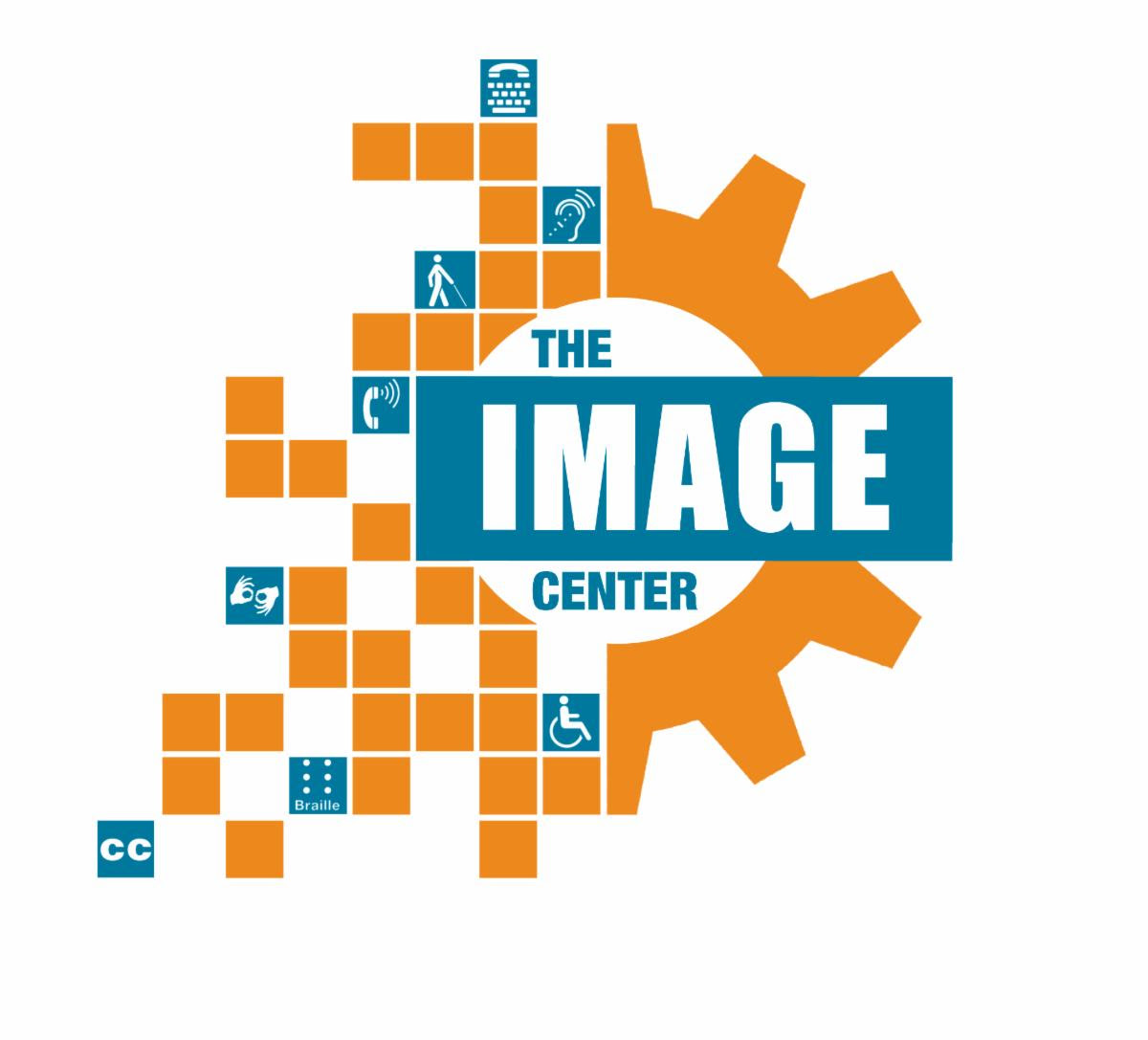 Logo for The IMAGE Center. Logo is teal and orange and includes a sprocket shape and icons representing various types of disabilities.
