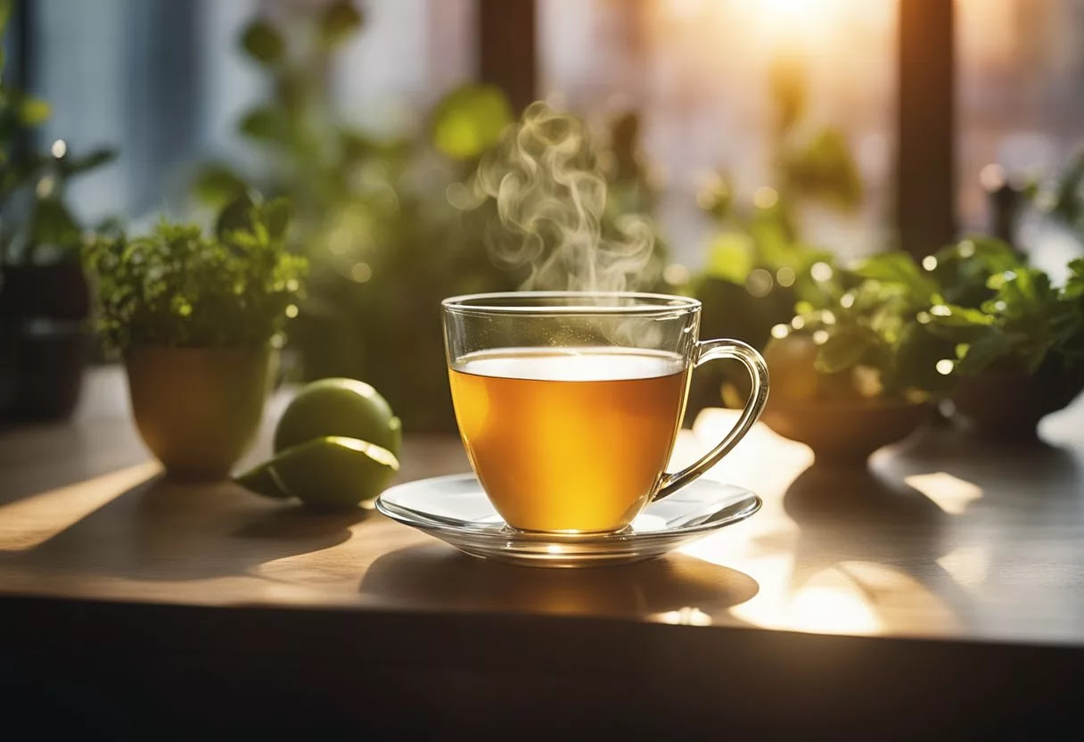 A steaming cup of All Day Slimming Tea sits on a table surrounded by fresh, vibrant herbs and fruits. The sun shines through a window, casting a warm glow on the scene