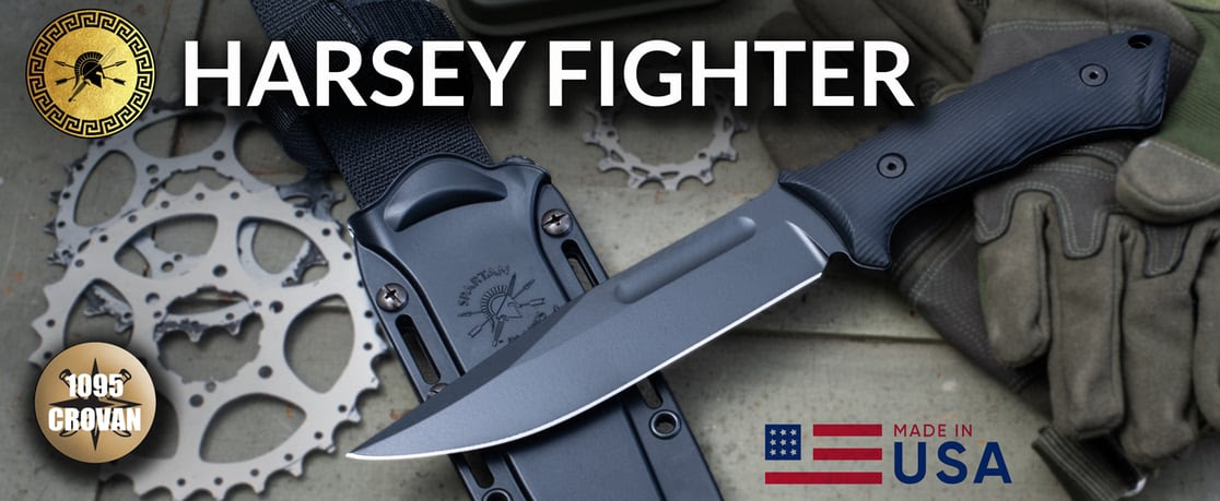 Spartan Harsey Fighter -- Spartan Blades and William W. Harsey Jr. collaborated to create the Spartan-Harsey Fighter. It combines the advantages of a U.S. military combat knife with the contoured handle that has become a hallmark of Mr. Harsey's work. Made in the USA.