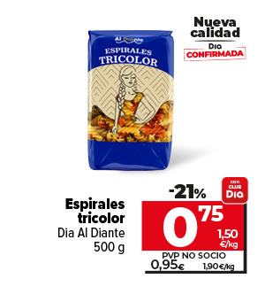 Espirales tricolor Dia Al Diante 500g ahora un 21% más barato con CLUBDia a 0,75€ a 1,50€/kg. Pvp no socio a 0,95€ a 1,90€/kg