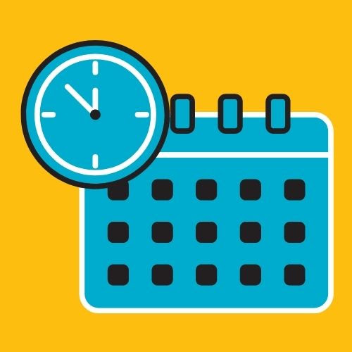 Blue illustration of a calendar and clock on a yellow background