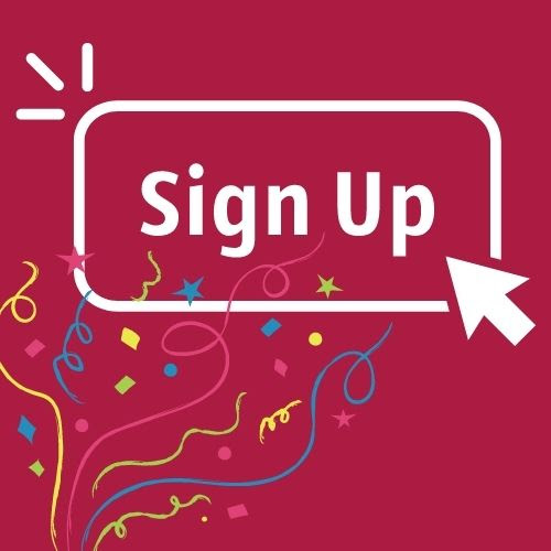 On a dark red background with colorful confetti is a "sign up" button and a cursor clicking on it