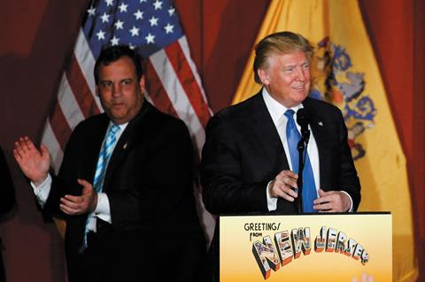 Republican presidential candidate Donald Trump and New Jersey governor Chris Christie at a fund-­raising event, Lawrenceville, New Jersey, May 2016