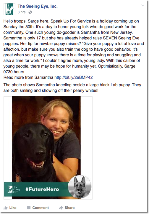 Image of the Facebook post where Sarge tells us young puppy raiser Samantha and Speak Up For Service Day