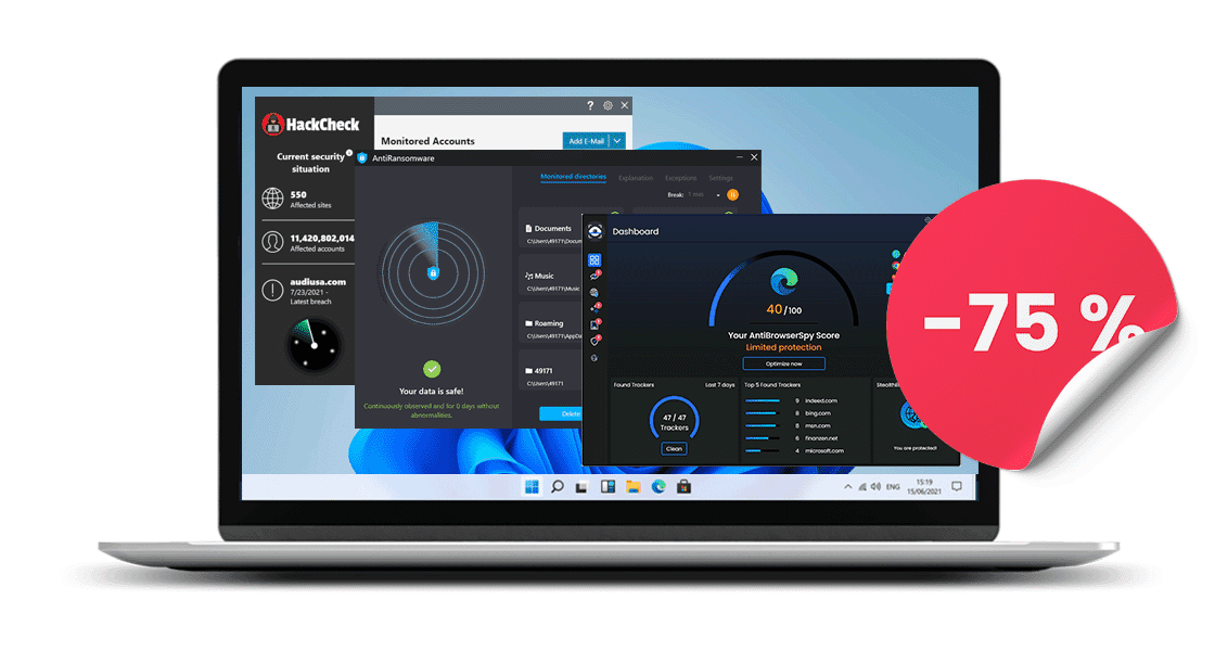 AntiRansomware 2023, HackCheck 2023, AntiBrowserSpy 2023 at a 75% discount!
