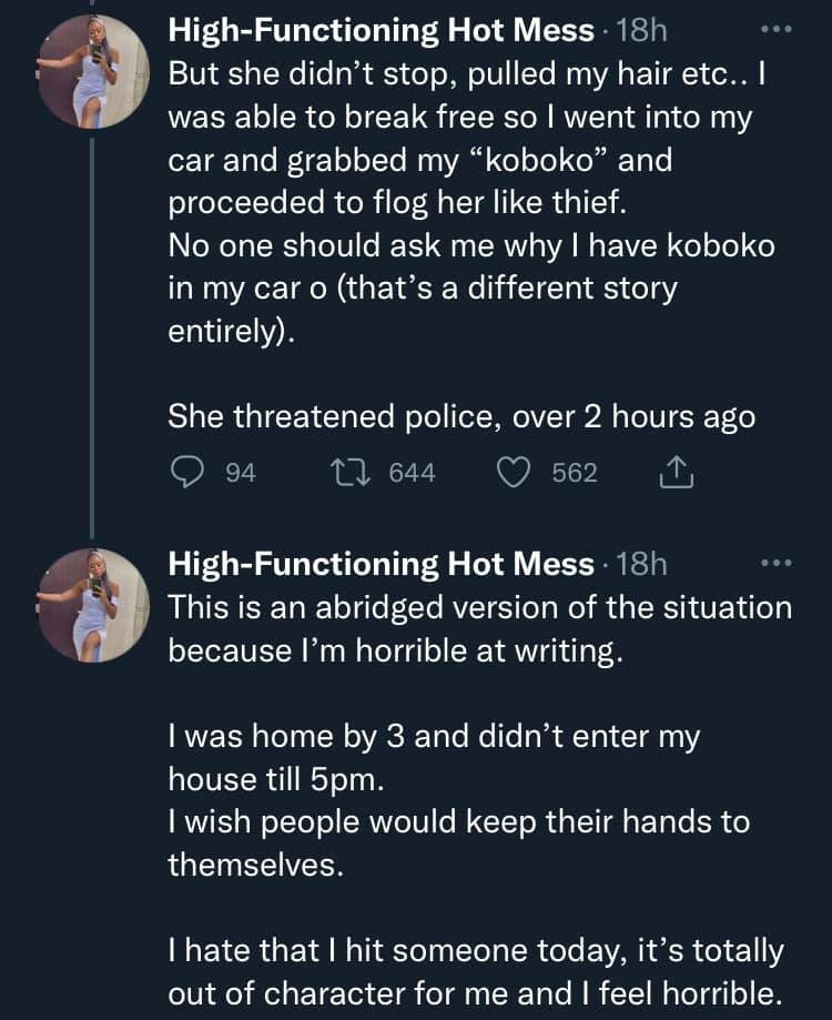 Lady narrates how she flogged an older woman for slapping her