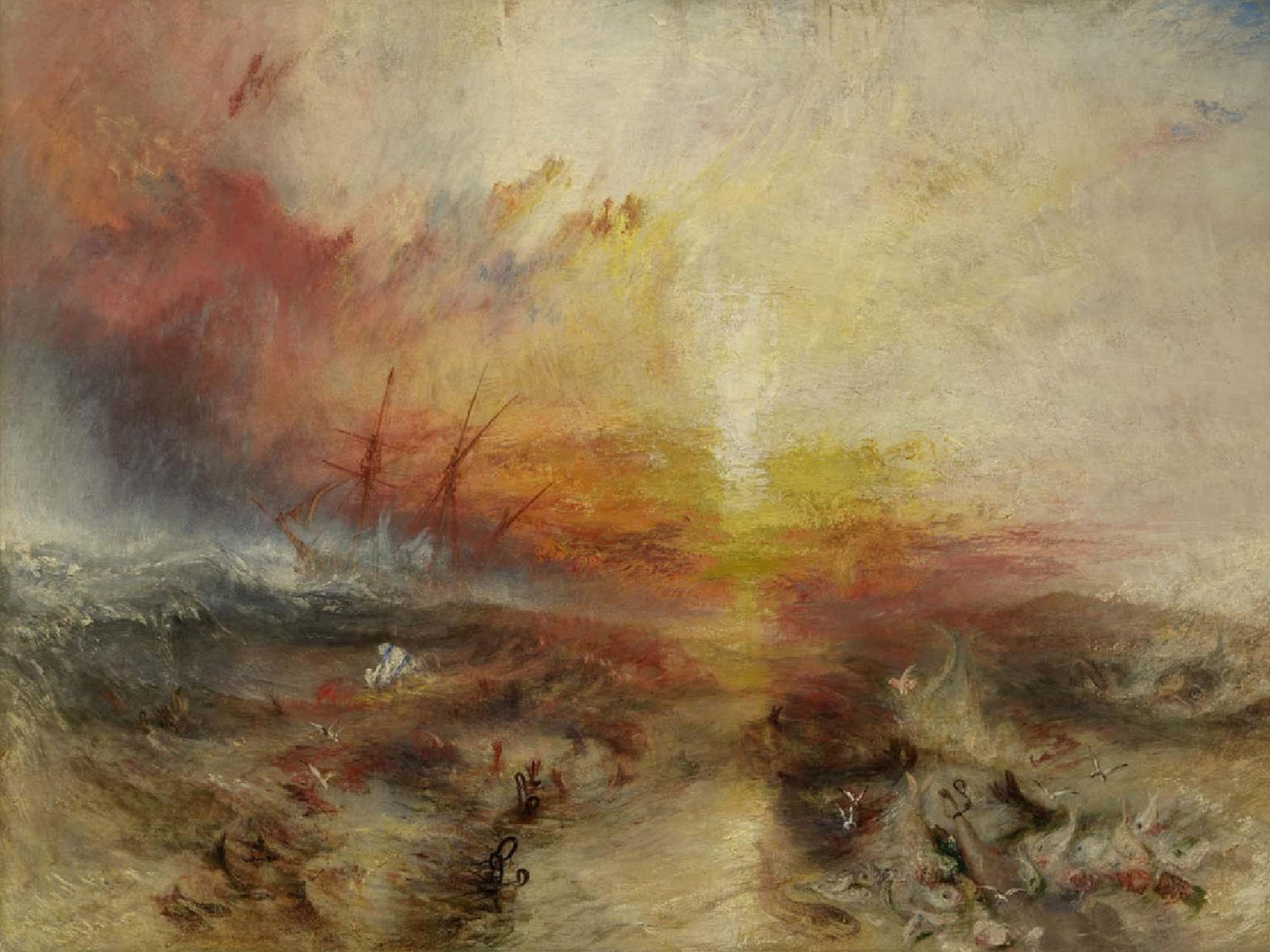 J. M. W. Turner, Slave Ship (Slavers Throwing Overboard the Dead and Dying, Typhoon Coming On) (detail), 1840. Oil on canvas. Henry Lillie Pierce Fund.