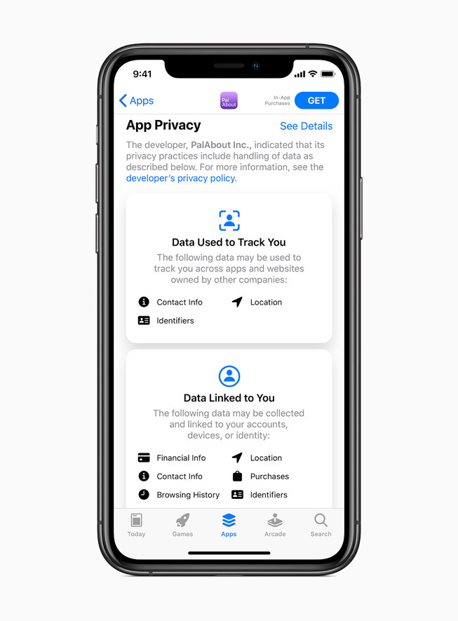 iPhone 11 Pro 上顯示 App Store 的全新隱私權標籤。