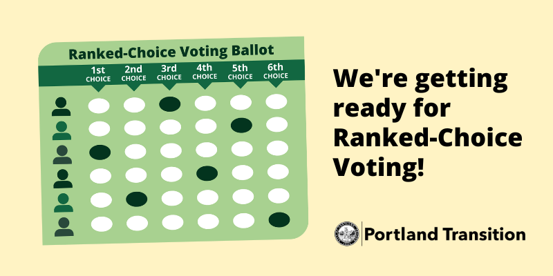 Illustration of a model ballot for ranked-choice voting.  Text says: “We’re getting ready for Ranked-Choice Voting!”  Includes Portland Transition logo with City Seal.  