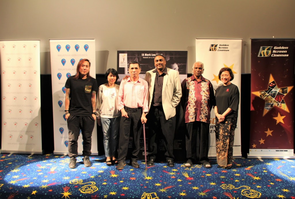 Main cast, crew and supporters of "At Rainbow's End". From left: Mark Lee (Director), Agnes Tan (Cast), Tan Mie Kong (Cast), Mr. Jon Navaratnam (Positive Living Community), Mr. Alex Arokiam (Positive Living Community) and Prof. Dato’ Dr Adeeba Kamarulzaman (Chairman, Malaysian AIDS Foundation and Vice President, Malaysian AIDS Council).
