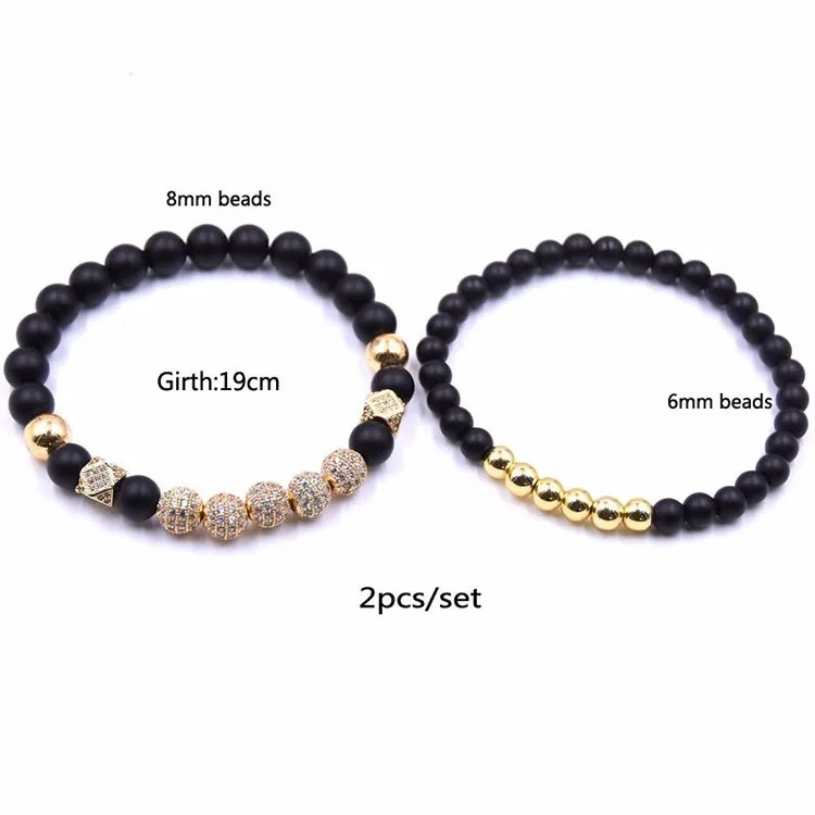 Black Matte Bracelet Set Men 8mm Natural Stone Beads Micro Inlay Zircon