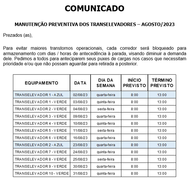 COMUNICADO MANUTENÇÃO PREVENTIVA