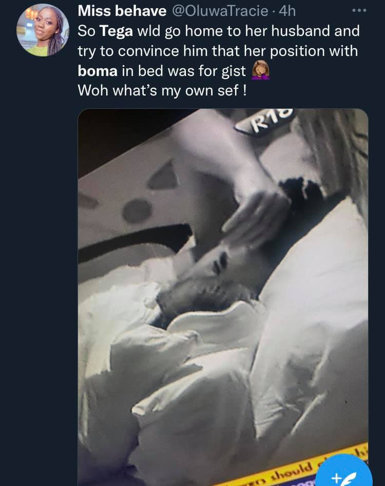 #BBNaija: Shameful for a married woman - Nigerians react to clip of Boma and Tega under the duvet during lights out (video)