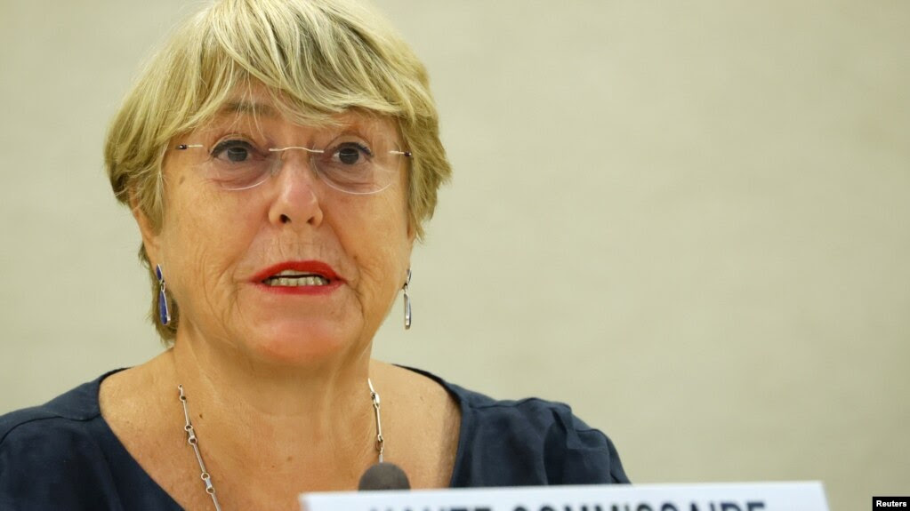 FILE - U.N. rights chief Michelle Bachelet attends a session of the Human Rights Council at the United Nations in Geneva, Sept. 13, 2021.