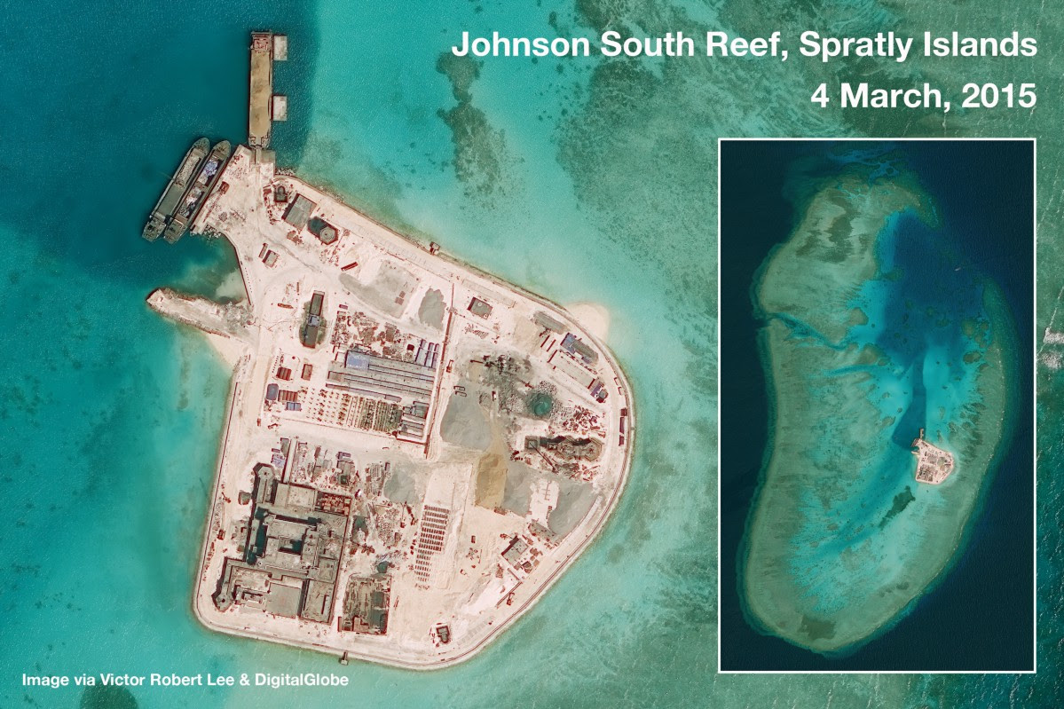 Satellite image analysis South China Sea reclamation in Spratly Islands