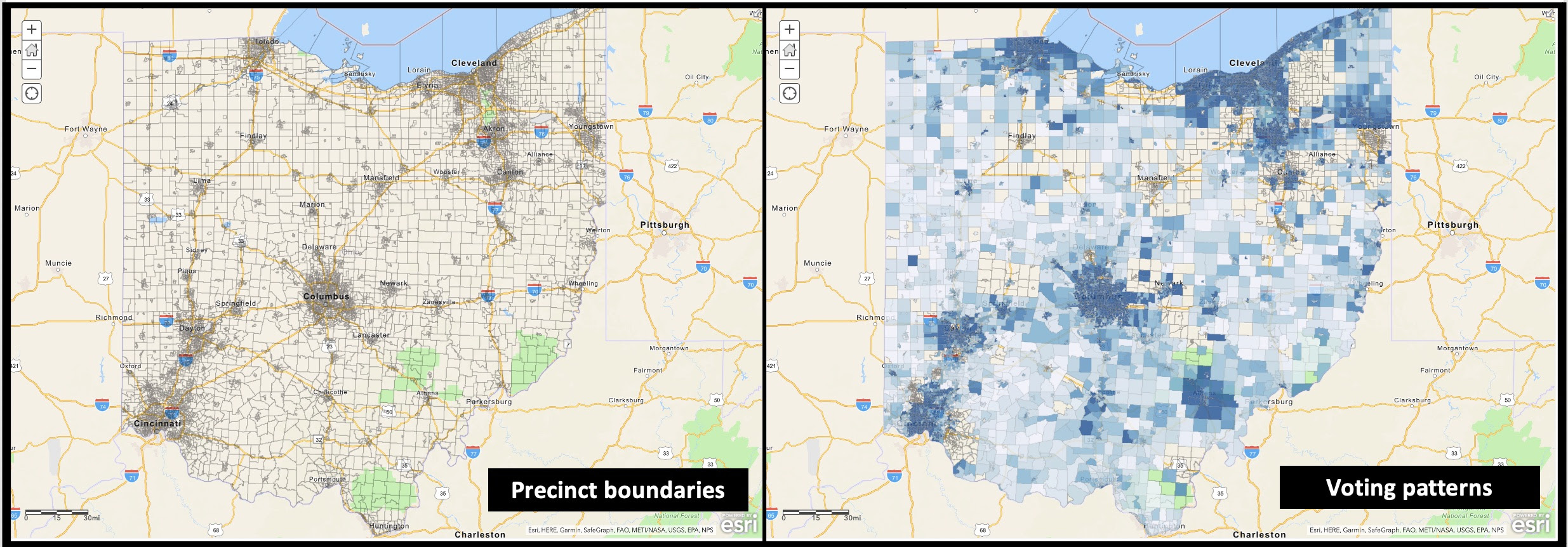 Ohio map with redistricted precinct boundaries and voting patterns