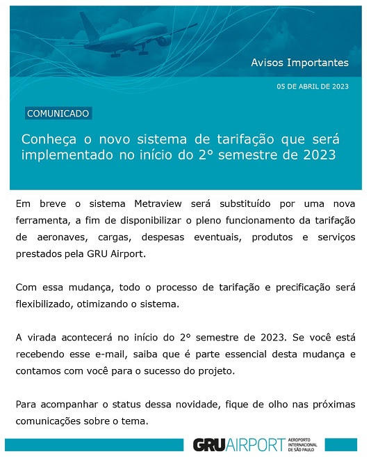 COMUNICADO NOVO SISTEMA DE TARIFAÇÃO